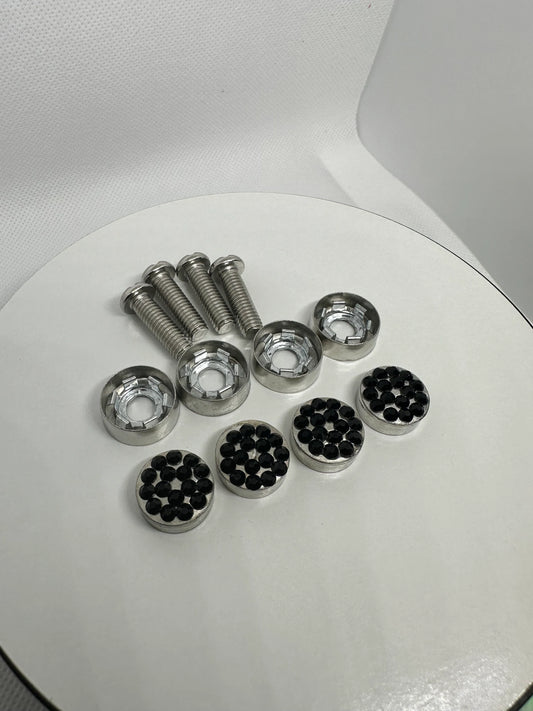 4 Jet Black Diamond Crystal Encrusted SILVER METAL CAPS License Plate Frame Replacement Bling Caps and Screws Sparkly Luxury Anti-theft