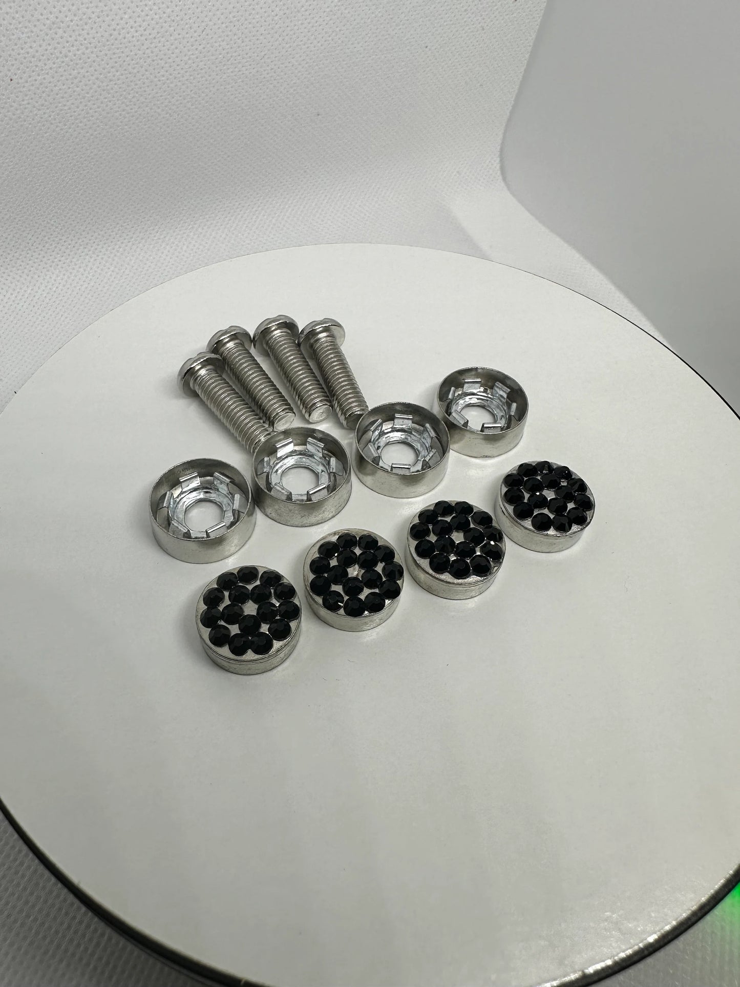 4 Jet Black Diamond Crystal Encrusted SILVER METAL CAPS License Plate Frame Replacement Bling Caps and Screws Sparkly Luxury Anti-theft