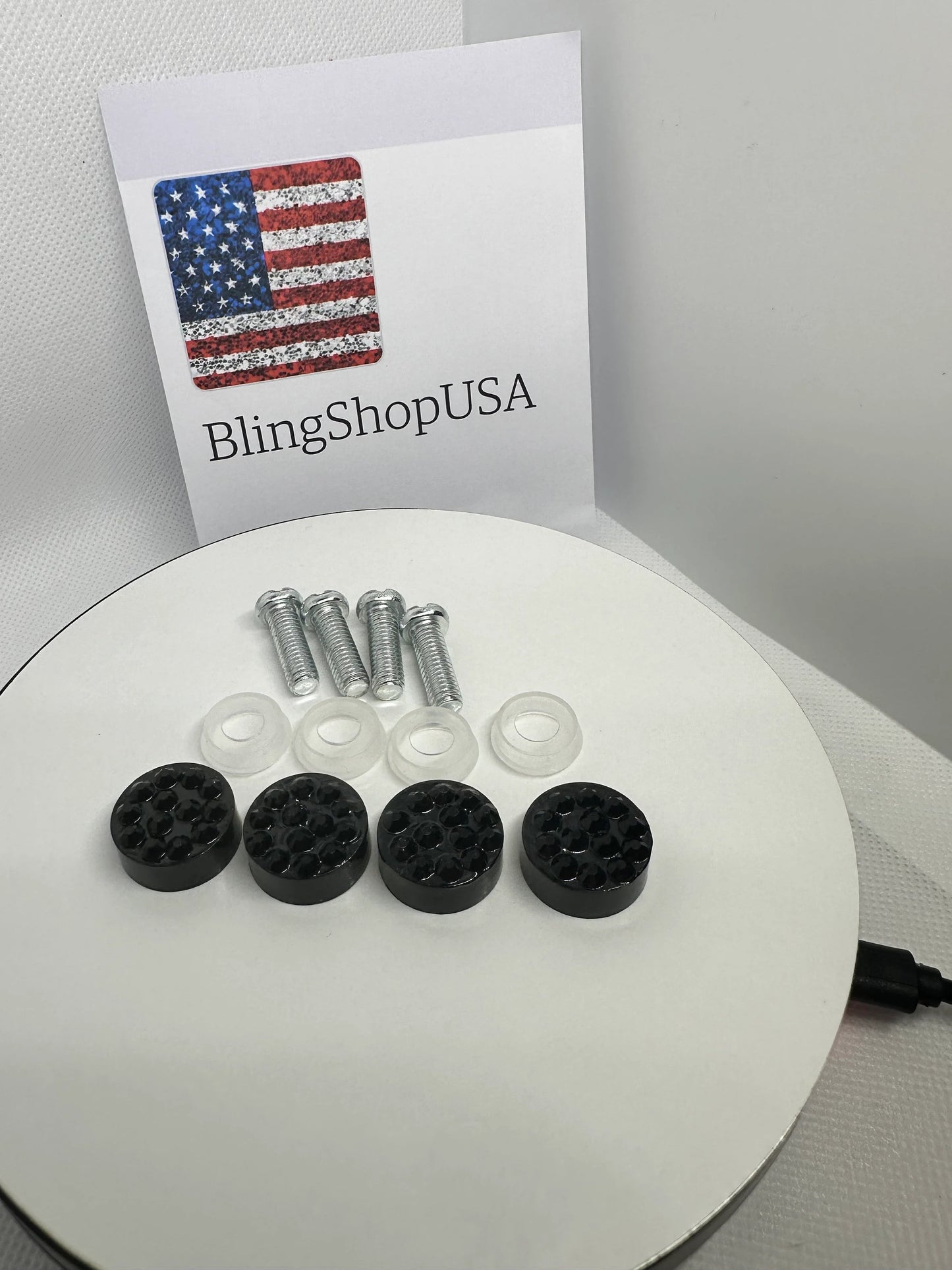 4 Jet Black Diamond Crystal Encrusted License Plate Frame Replacement Bling Caps and Screws Sparkly Luxury Anti-theft