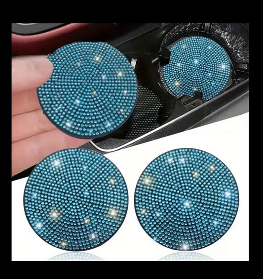 2 Aqua Blue Aquamarine Coasters Full Crystal Cup Holder Insert Ultra Bling Diamond Luxury Embellishment Round Car SUV Silicone Anti-Slip
