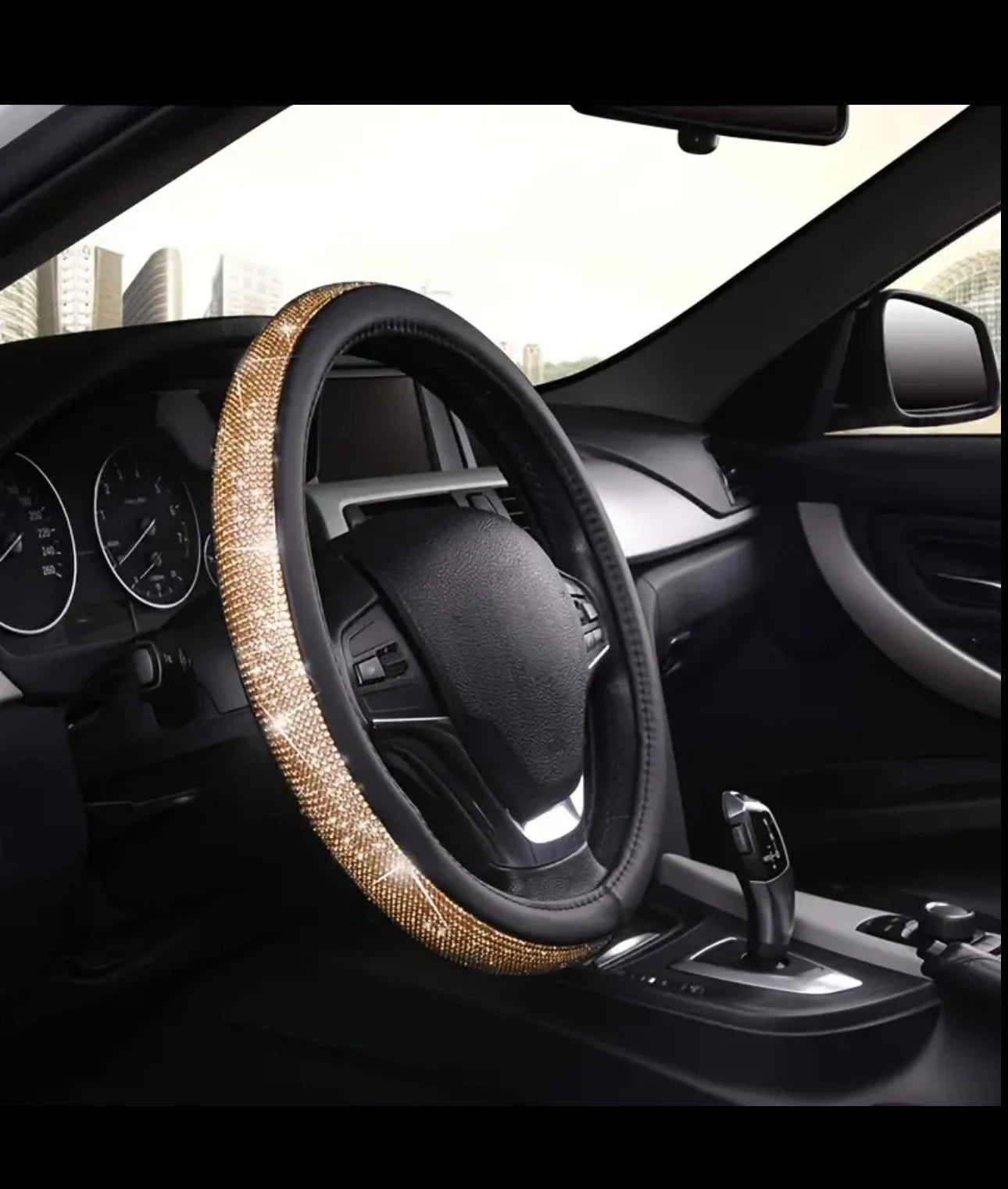 Black Leather & Gold Champagne White Diamond Luxury Steering Wheel Cover with Bling Crystal Embellishment Universal Round Fit