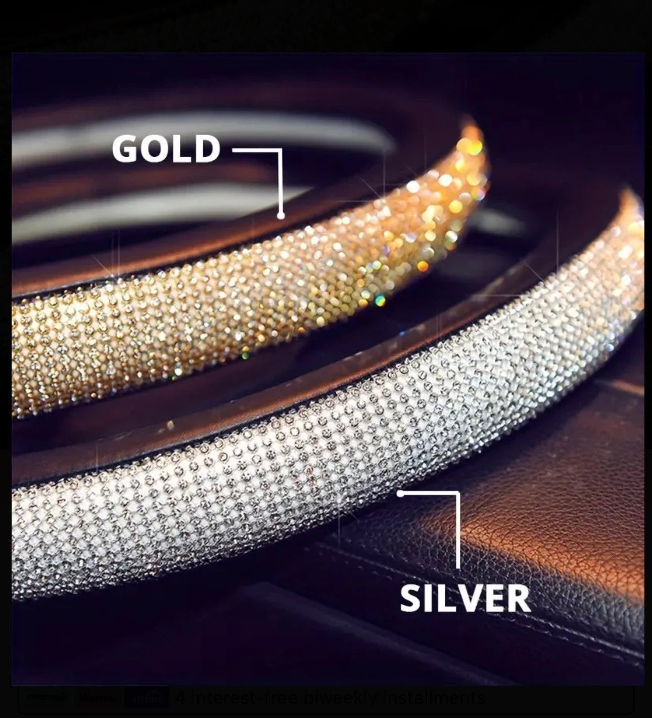 Black Leather & Gold Champagne White Diamond Luxury Steering Wheel Cover with Bling Crystal Embellishment Universal Round Fit