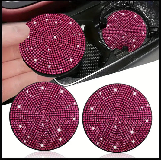 2 Hot Pink Fuschia Rose Diamond Fully Encrusted Crystal Coasters Cup Holder Insert Bling Luxury Embellishment Round Car Decor SUV Anti-Slip