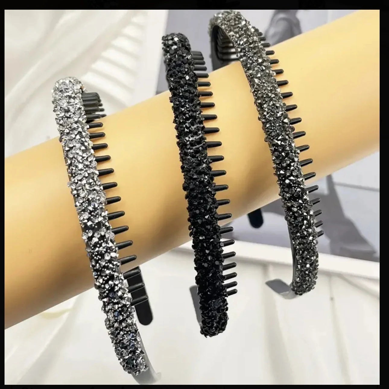 Set of 3 Bedazzled Crystal Encrusted Headbands Black, Grey, White Diamond Crystal Bling Hair Women’s Accessories