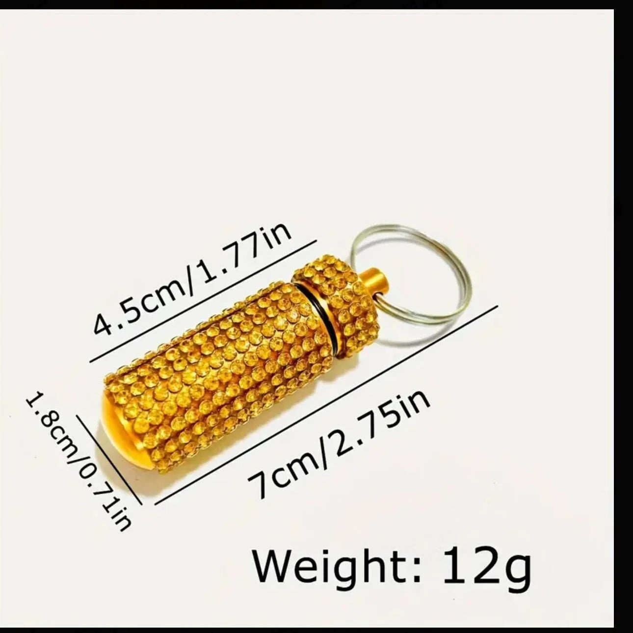 Mini Pill Bottle Crystal Encrusted Metal Keychain Bling Container Portable Box Case Waterproof Travel Medicine Keyring Available in Gold, Rose Gold, Hot Pink Fuschia, Blue, Jet Black