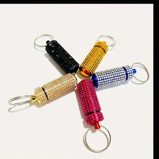 Mini Pill Bottle Crystal Encrusted Metal Keychain Bling Container Portable Box Case Waterproof Travel Medicine Keyring Available in Gold, Rose Gold, Hot Pink Fuschia, Blue, Jet Black