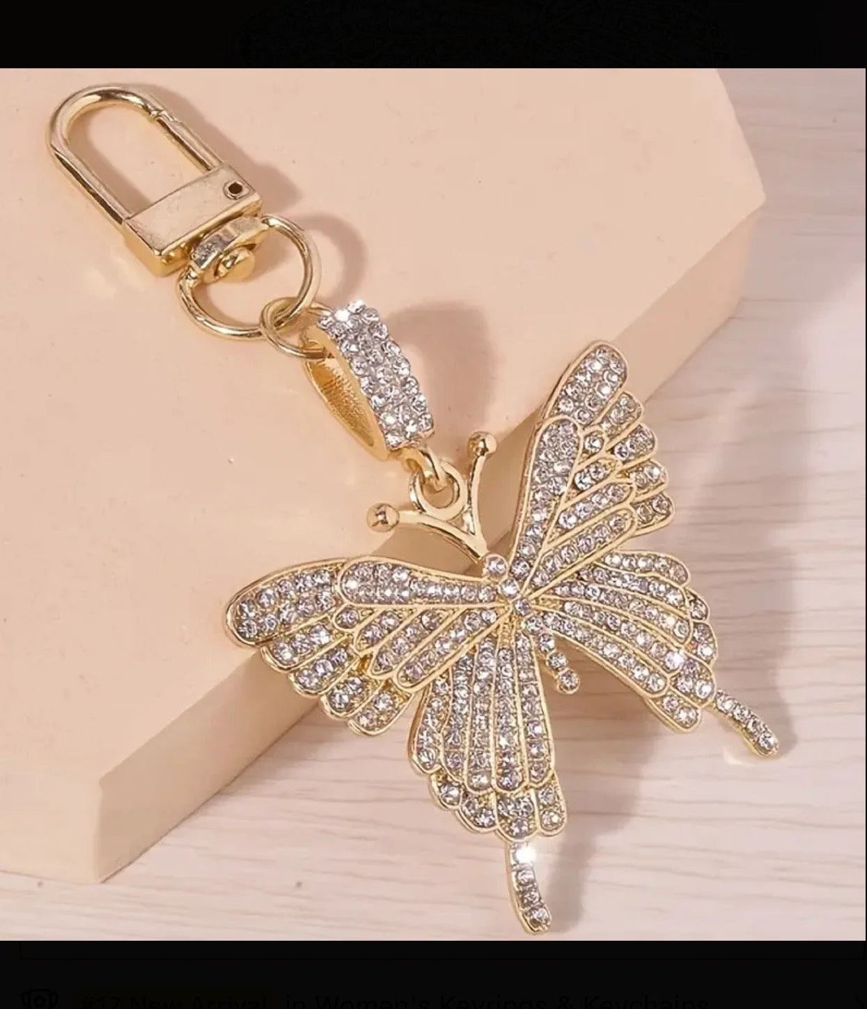 Crystal Encrusted Butterfly White Diamond Crystal Gold Metal Keychain Car Charm Pendant Animal Feminine Keyring Bling Gift Women’s Accessory