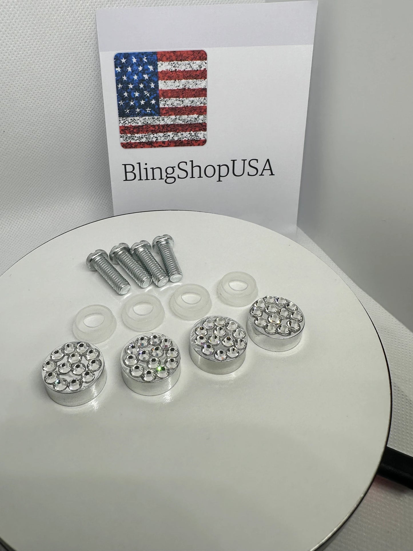 4 White Diamond Crystal Encrusted License Plate Frame Replacement Bling Caps and Screws Clear Sparkly Luxury Anti-theft