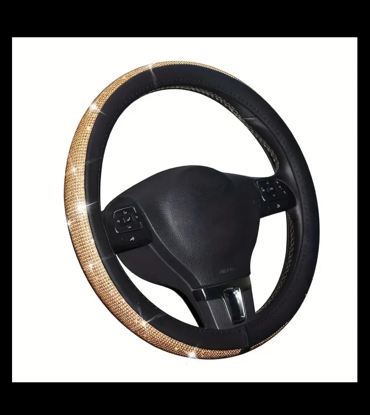 Black Leather & Gold Champagne White Diamond Luxury Steering Wheel Cover with Bling Crystal Embellishment Universal Round Fit