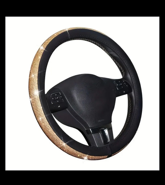 Black Leather & Gold Champagne White Diamond Luxury Steering Wheel Cover with Bling Crystal Embellishment Universal Round Fit