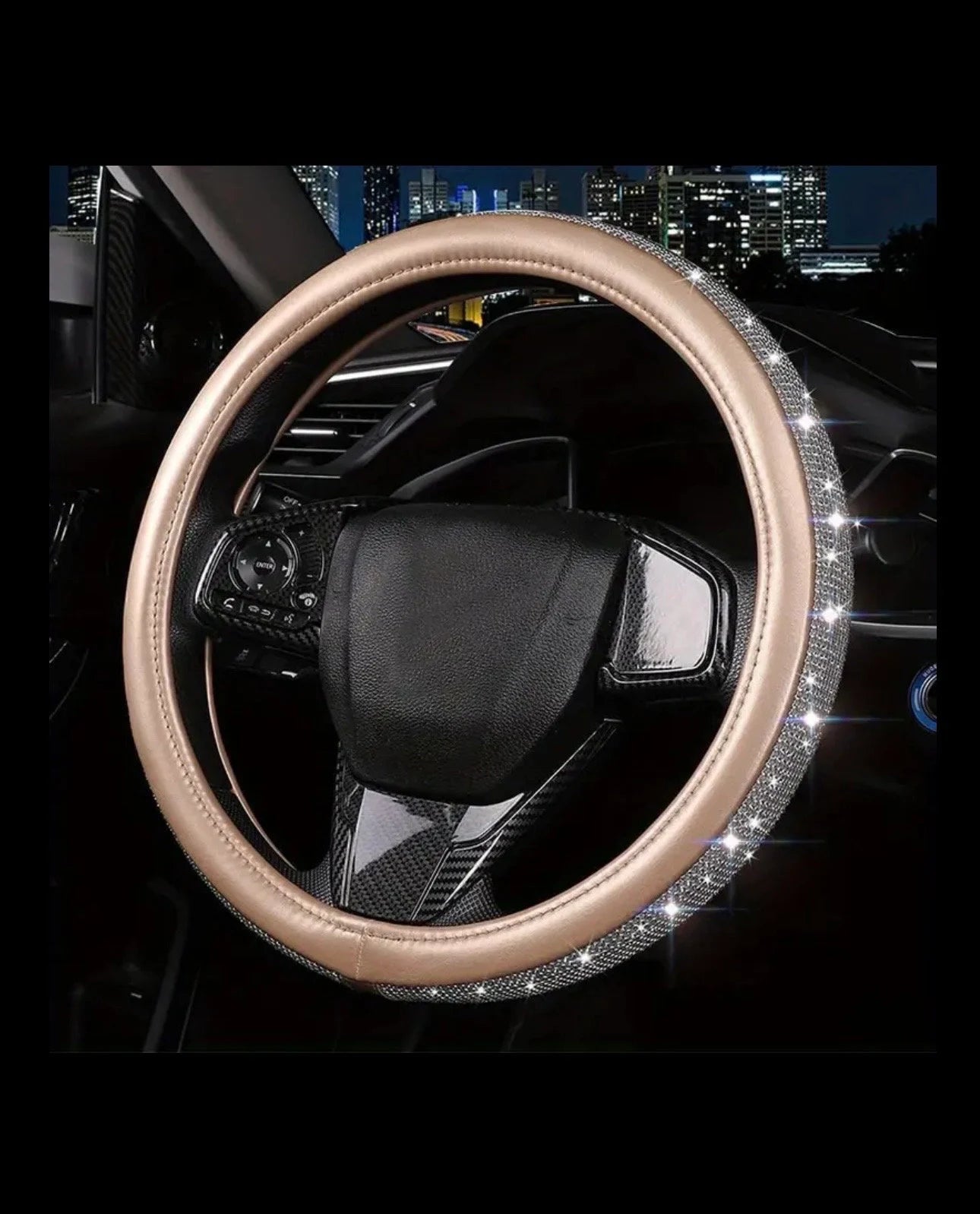 Metallic Gold Leather Champagne White Diamond Luxury Steering Wheel Cover with Bling Crystal Embellishment Universal Fit