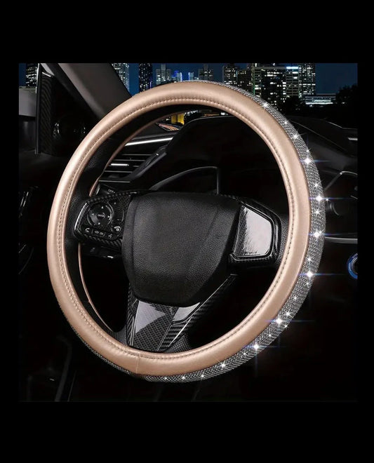 Metallic Gold Leather Champagne White Diamond Luxury Steering Wheel Cover with Bling Crystal Embellishment Universal Fit