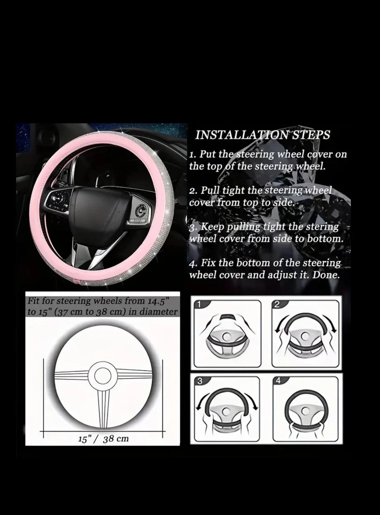 Metallic Gold Leather Champagne White Diamond Luxury Steering Wheel Cover with Bling Crystal Embellishment Universal Fit