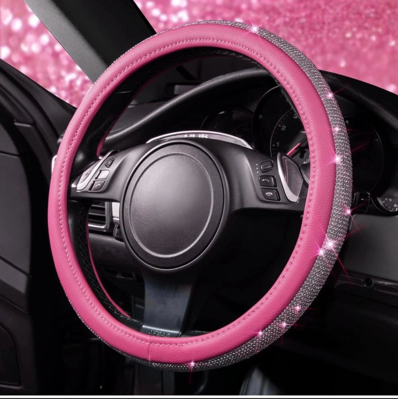 Hot Pink Leather Bling White Diamond Luxury Steering Wheel Cover with Crystal Embellishment Universal Round Fit