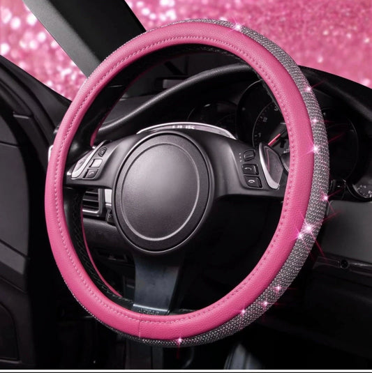 Hot Pink Leather Bling White Diamond Luxury Steering Wheel Cover with Crystal Embellishment Universal Round Fit